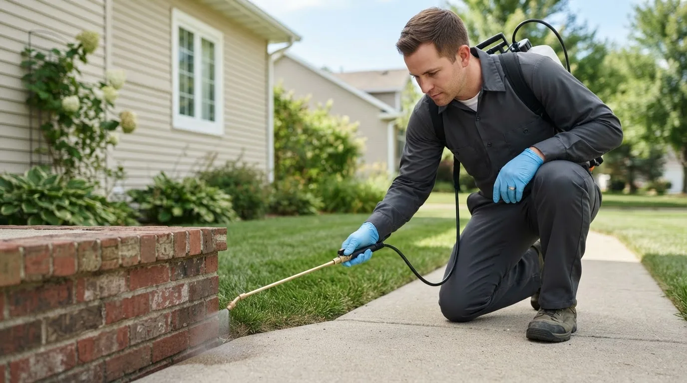 Pest control technician treating a home near Fordville, ND